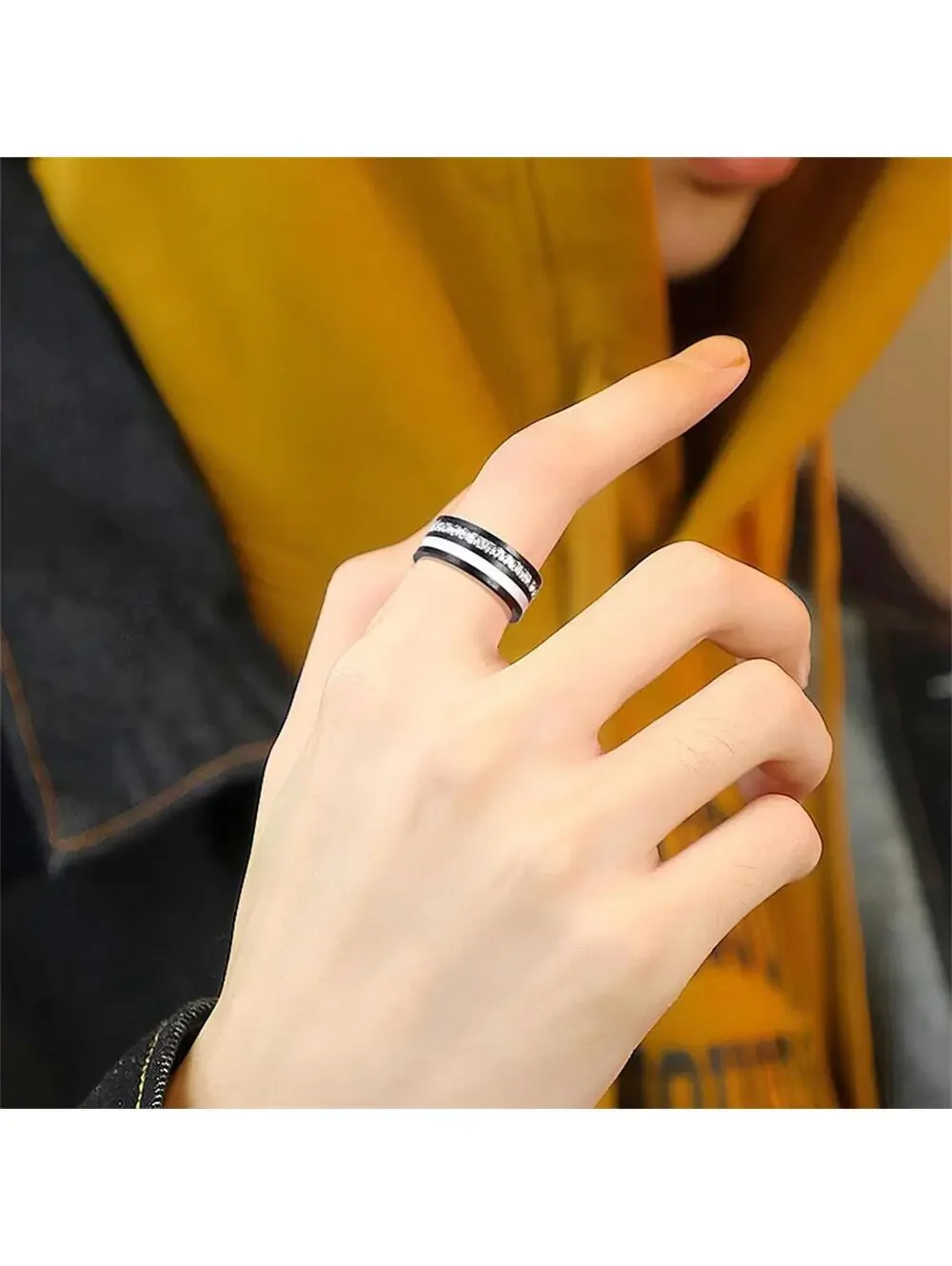 Black stainless steel princess cut inlay band RING - Silver - CZs- size 11